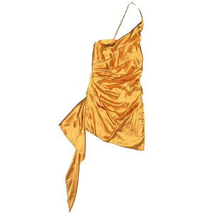 BabyBoo Sexy Satin Mini Dress Medium Yellow One Shoulder Short Club Party Silky